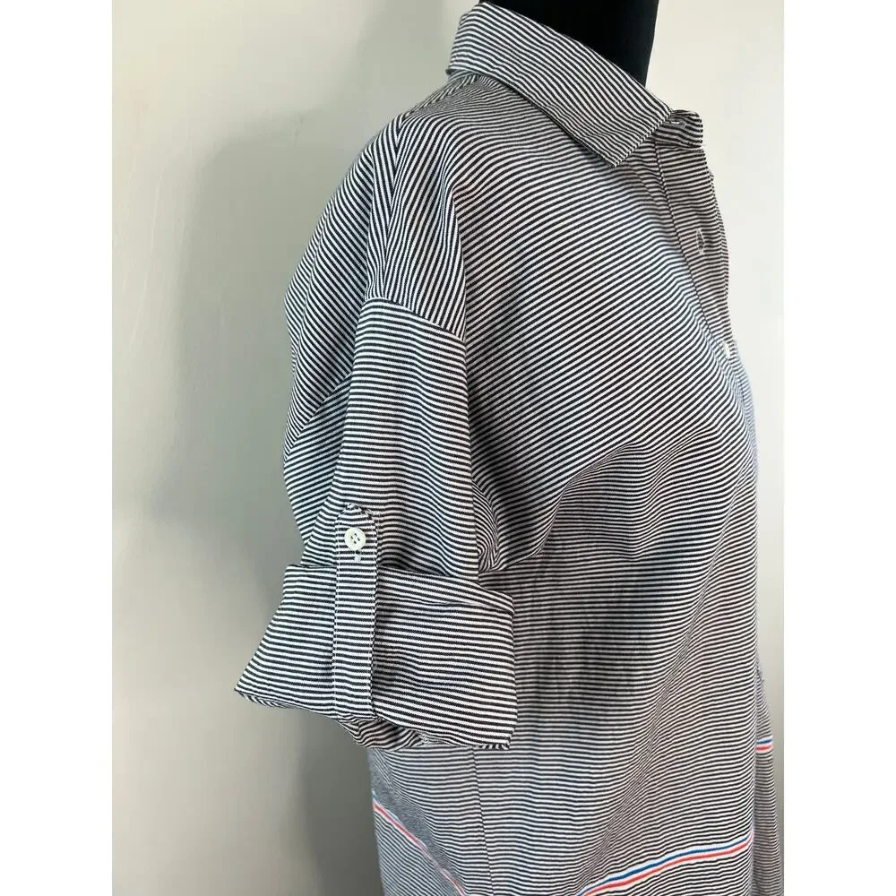 J Crew Black White Striped Roll Tab Sleeve Cotton Boyfriend Popover Size 4